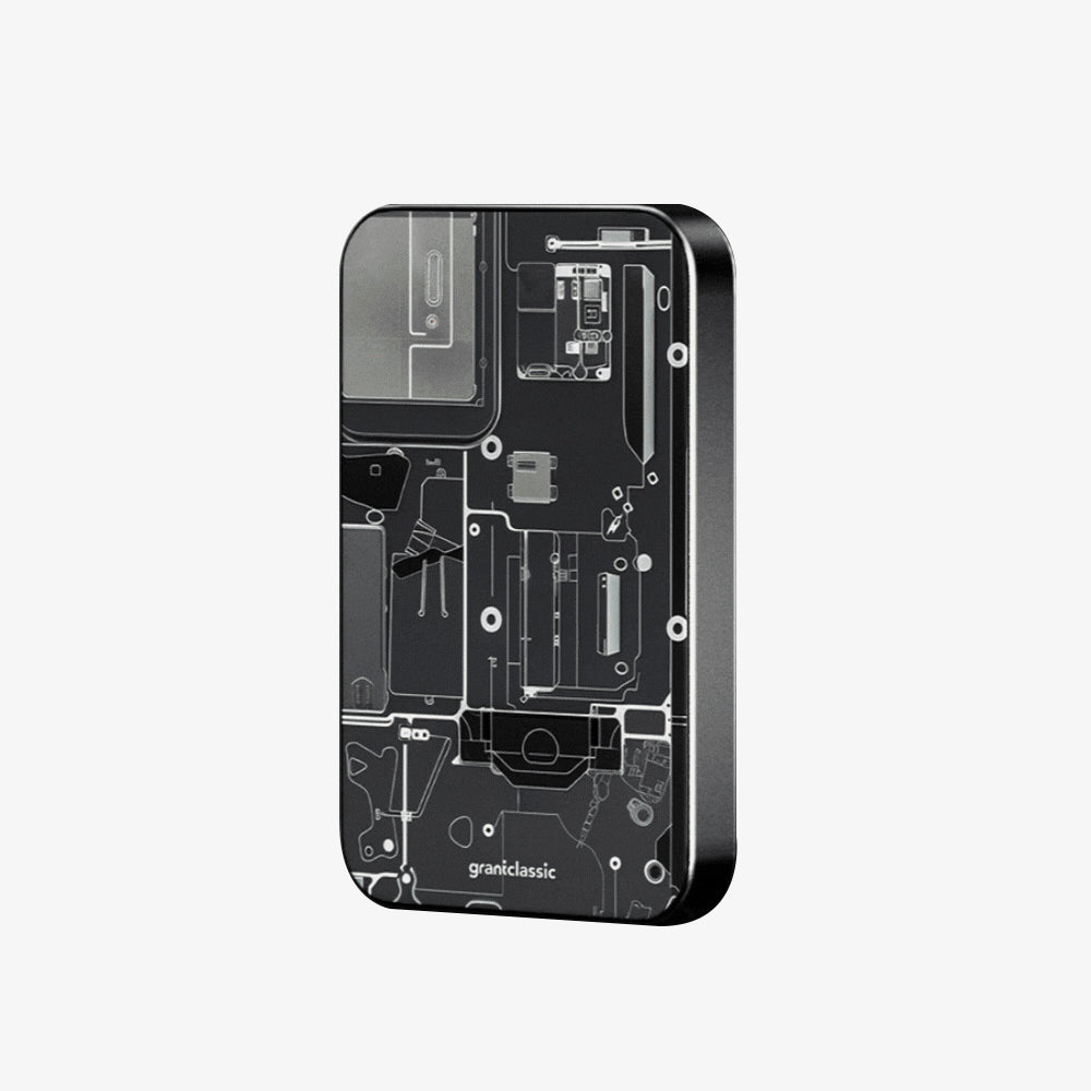 穩如鈦山 TITANSHIELD 防爆固態行動電源,機械電子原色黑透視設計款正面 | grantclassic