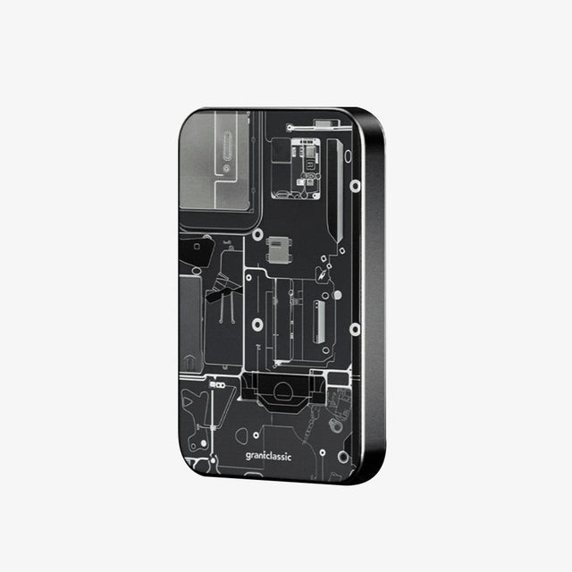 穩如鈦山 TITANSHIELD 防爆固態行動電源，機械電子原色黑透視設計款正面 | grantclassic