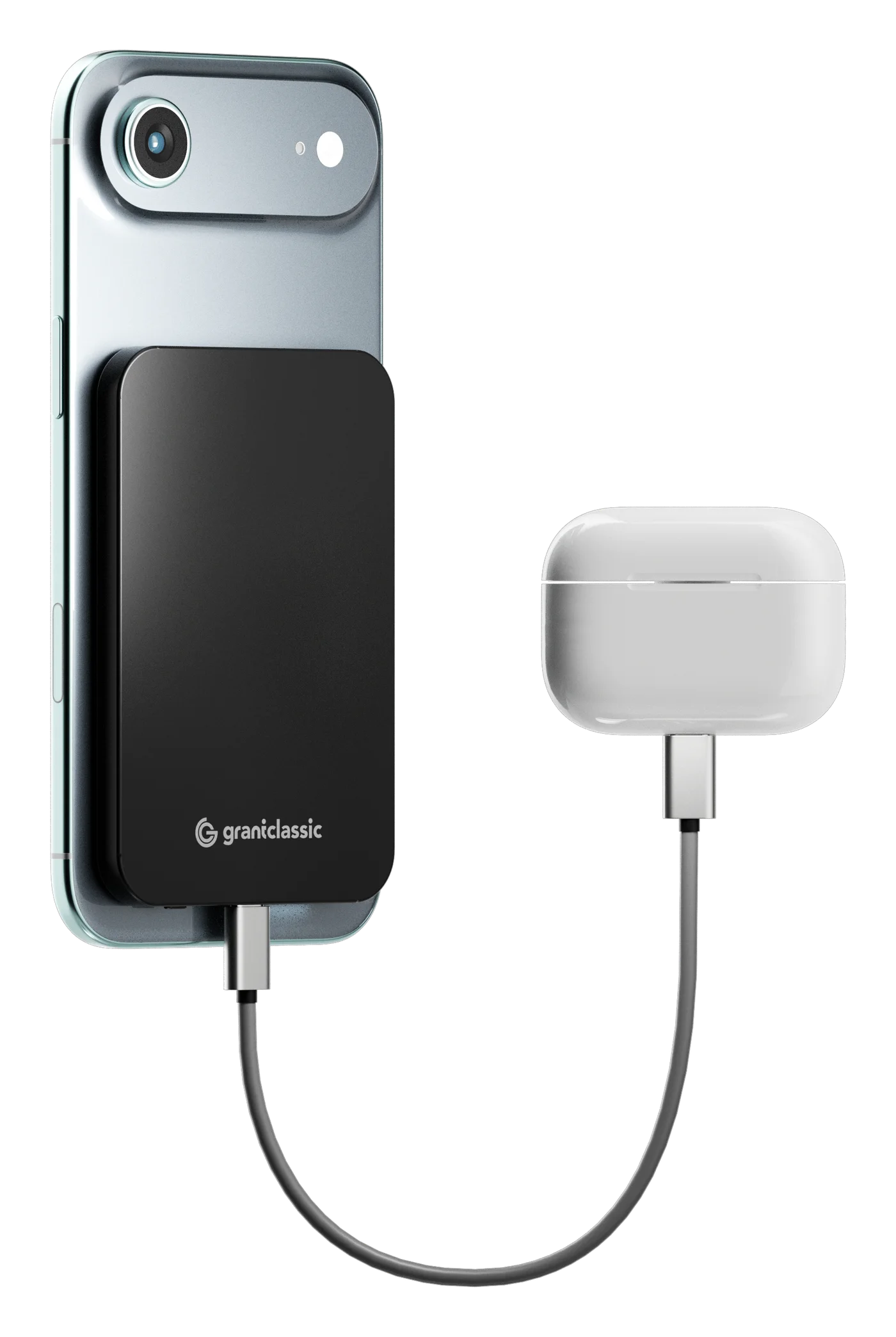 TITANSHIELD Air 磁吸在手機背面，同時用 Type-C 線充 AirPods